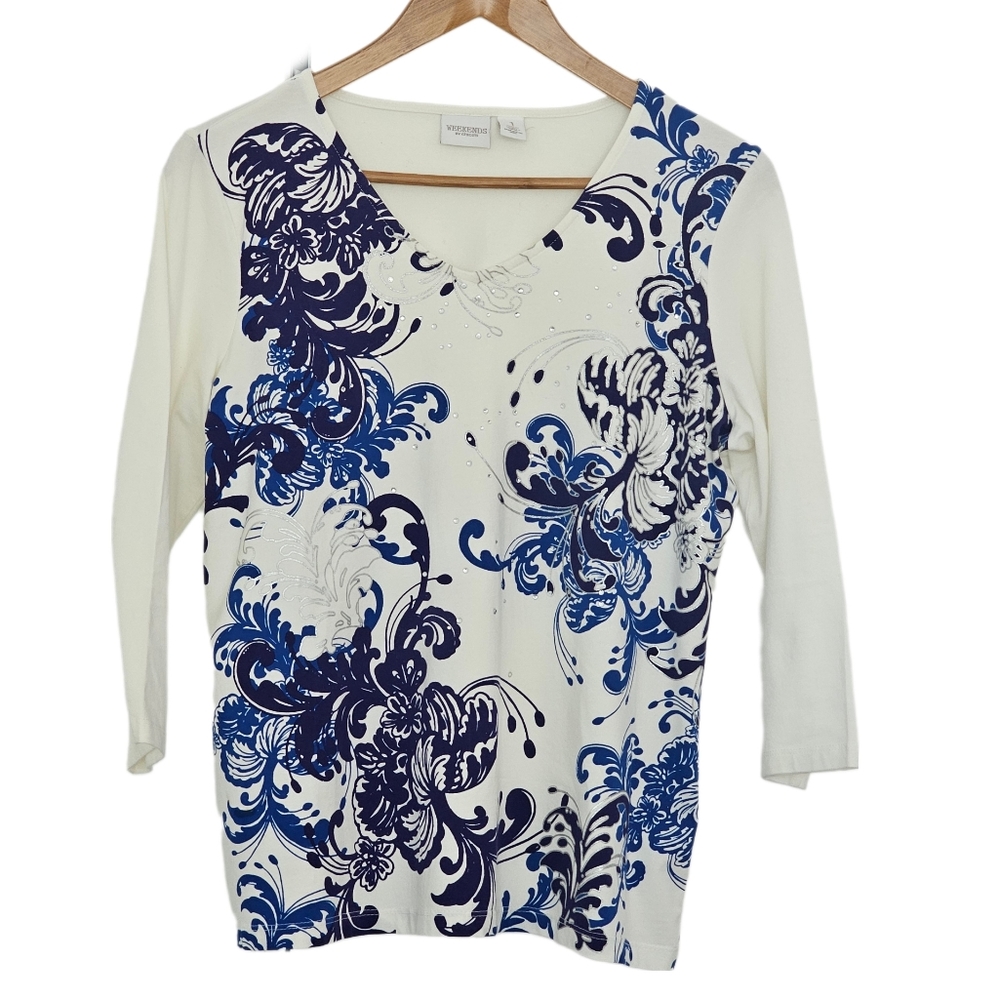 Pretty Blue and White Chicos Knit Top Sz 1 (medium)